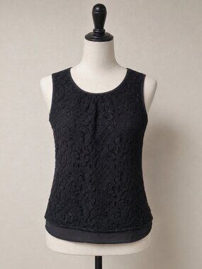 Talbots Black Lace Blouse Sz 12 Sleeveless Sheer Overlay Elegant Top Classy Tank